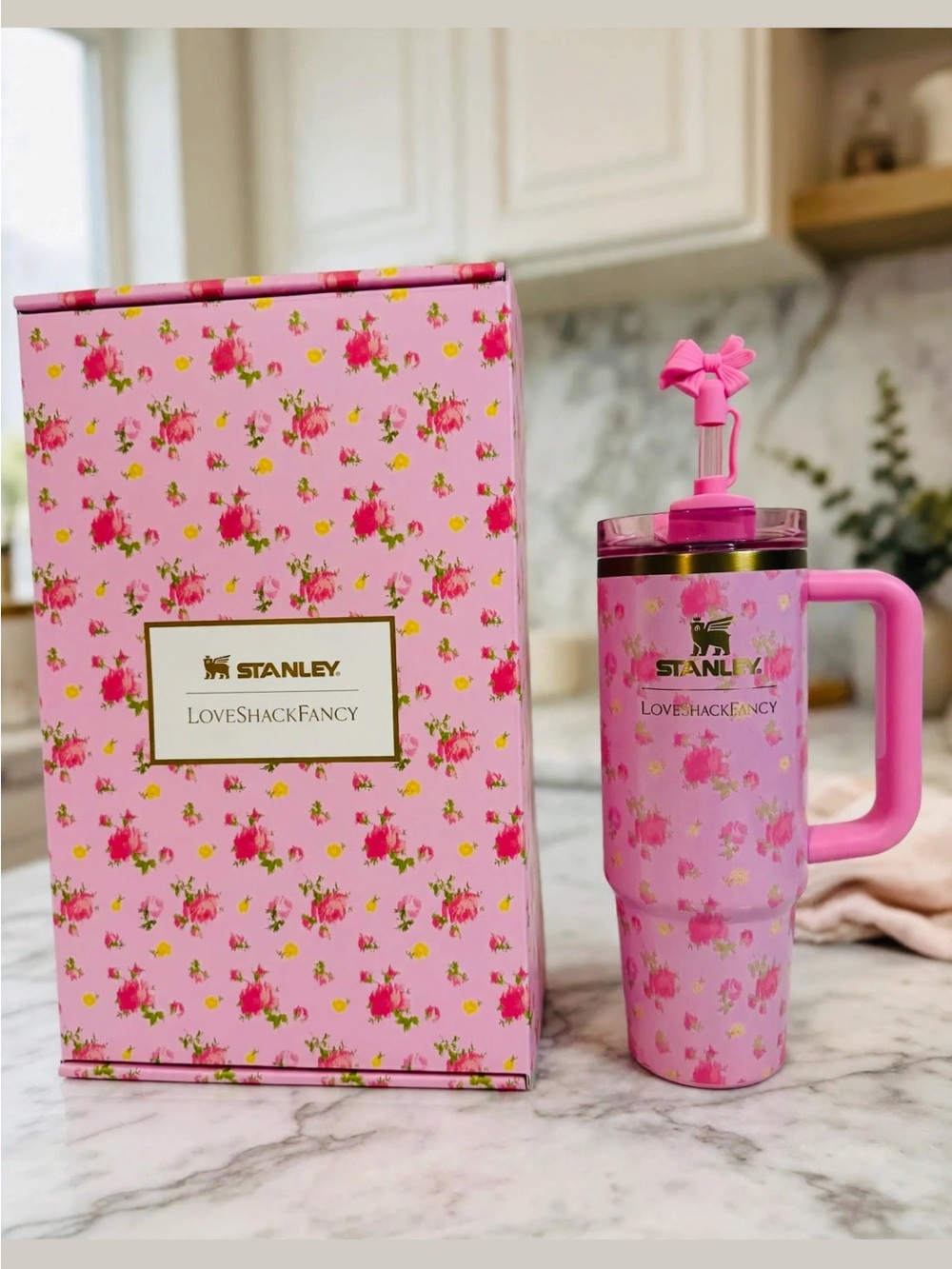 Loveshackfancy x Stanley Pink Floral Insulated Travel Tumbler with Straw 30 0z